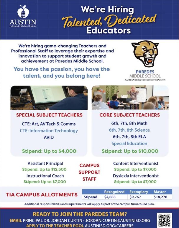 We're hiring talented, dedicated educators: we're hiring game-changing teachers and professional staff to leverage their expertise and innovation to support student growth and achievement at Paredes Middle School